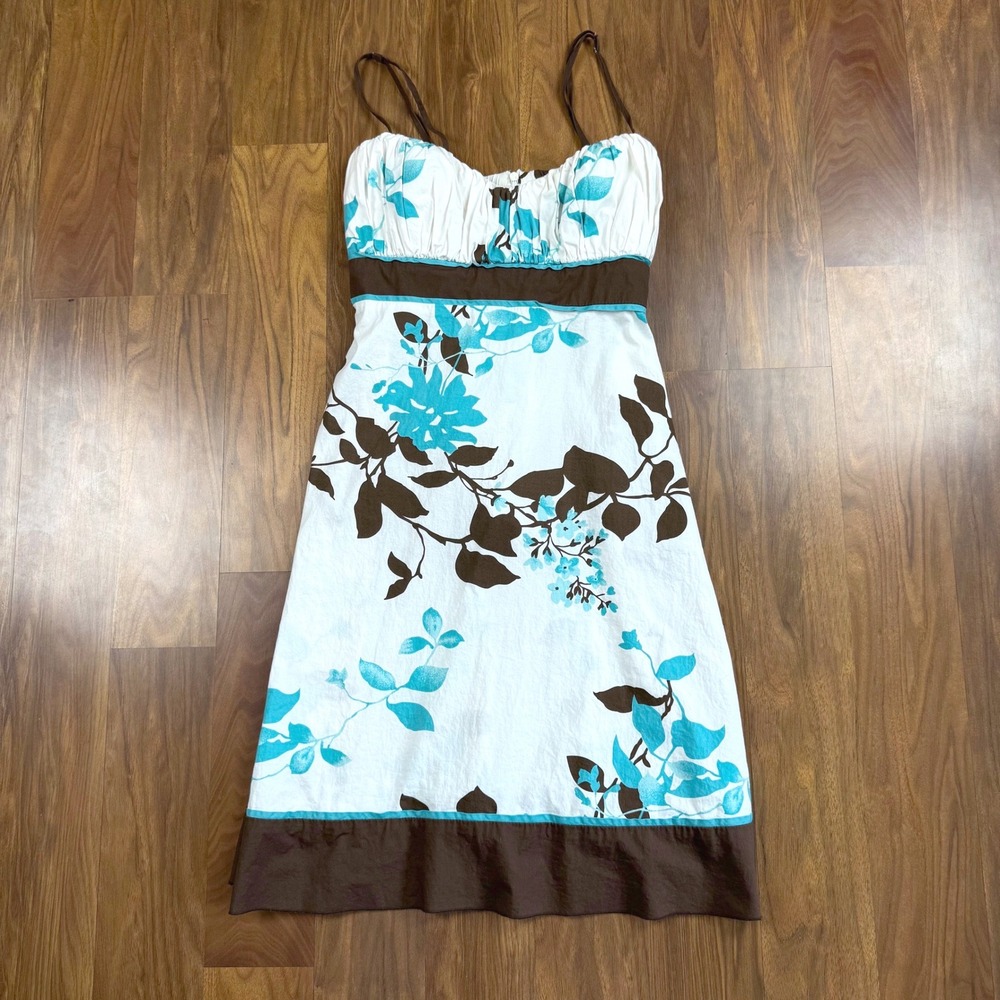Y2K Floral Empire Waist Sundress Turquoise Brown White Size 13 Juniors Boho